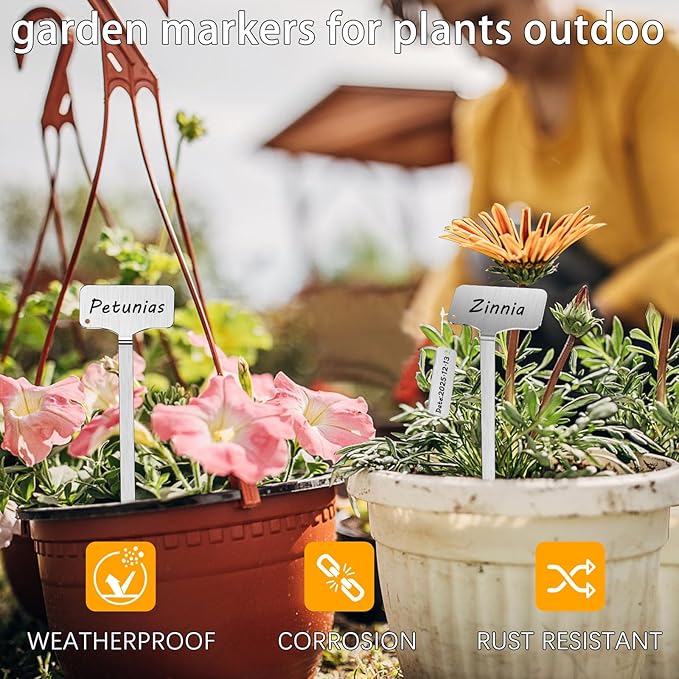 304 Stainless Steel Plant Markers, 10 Waterproof Metal Plant Label Stakes with 10 Tag Buckles & Marker Pen, 12.75" Garden Markers for Outdoor Indoor Plants Identification.