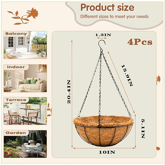 Metal 10 inch Round Planter, 4 Pack Hanging Wire Basket with Coco Fiber Liners, for Outdoor Plants Decoration