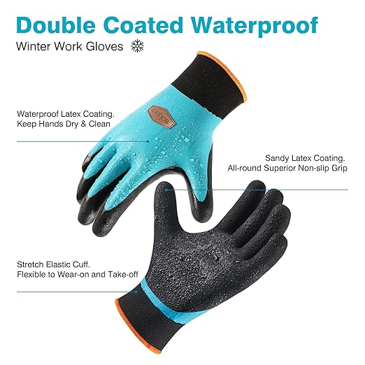 COOLJOB Waterproof Winter Freezer Gloves for Working Gardening Fishing Construction Worker, Double Coated Rubber for Warehouse Cold Refrigeration House, 1 Pair Small Blue