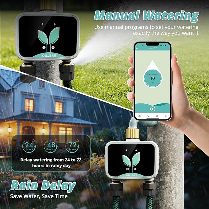 QUOBAS Smart WiFi Water Timer for Garden Hose, 2 Zone Brass Sprinkler Timer with App Control & Rain Delay/Auto/Manual 3 Modes for Drip Irrigation, Pool & Lawn, Battery Powered