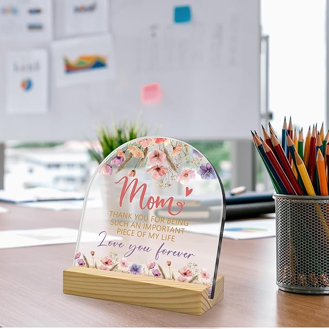 Gifts for Mom Floral Arched Acrylic Sign with Wooden Stand – Heartfelt Gifts for Mom from Daughter & Son, Unique Birthday, Mother’s Day, Christmas & Retirement Keepsake, Desk & Home Decor