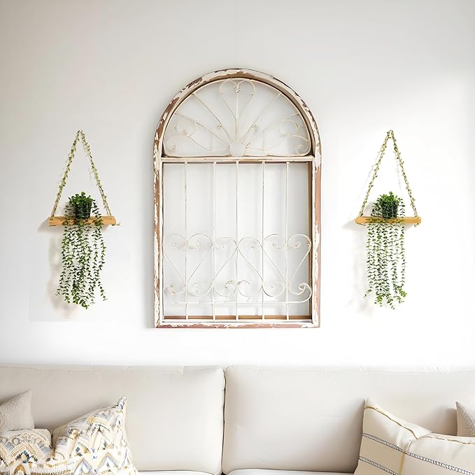 2 Pack Wooden Hanging Shelves with Artificial Eucalyptus Plants Wall Decor for Living Room, Bedroom, Bathroom - Fake Hanging Plant and Wood Wall Shelf Set for Boho Farmhouse Home Decor