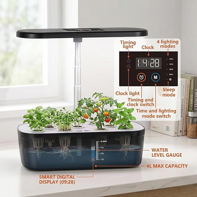 Soil-Free Hydroponics Growing System - 12 Pods with Smart LED Screen, Adjustable Height, 4L Tank, LED Grow Light for Indoor Plants, Grow Herbs Year-Around, Hydro Garden Gifts for Plant Lovers