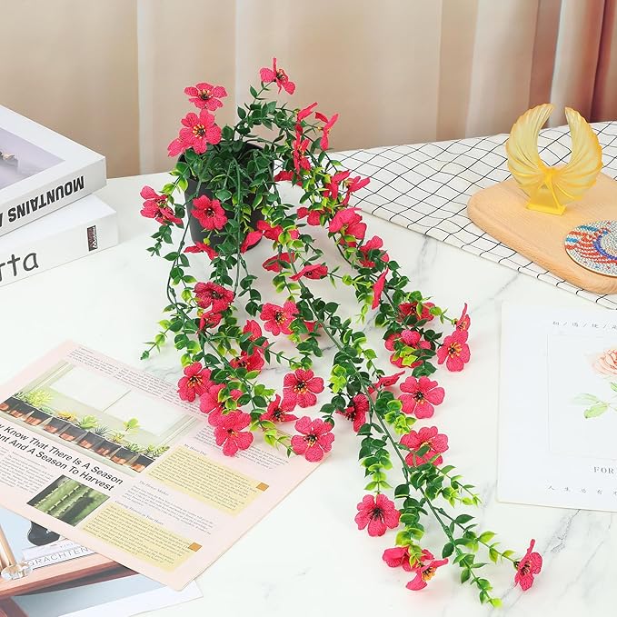 FAVOWREATH Fake Plants Hanging Artificial Potted Faux Eucalyptus Plants and Flowers for Modern Boho Farmhouse Bathroom Office Desk Wall Book Shelf Living Room Aesthetic Decor Indoor (Rose Red)