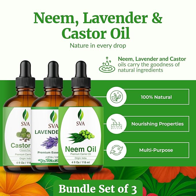 SVA Neem, Lavender and Castor Oil 4 oz Bundle Super Saver Combo – Premium Grade Bundle Set for Hair Oiling, Scalp Massage, Hair Care, Face, Skin Care and Body Massage