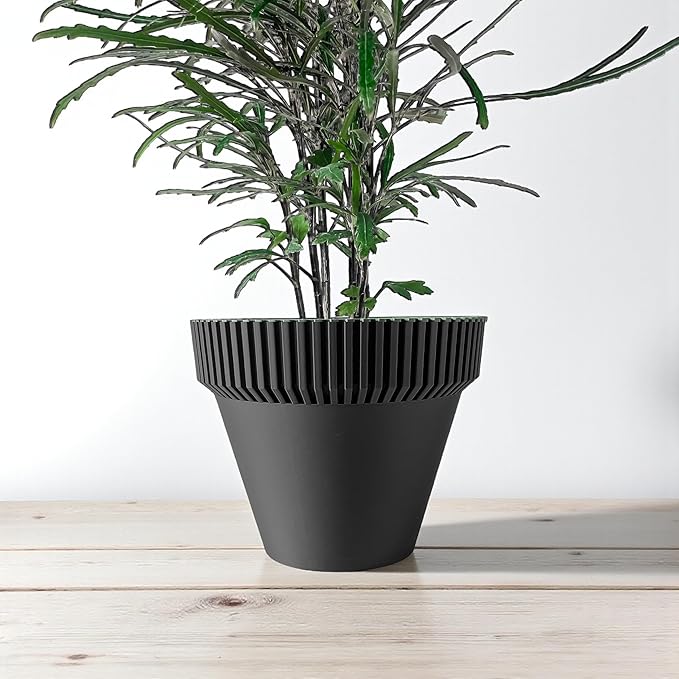 Vertex Vessel Modern Planter – Ribbed Cone Pot with Matching Tray, Flower Planter with Drainage for Indoor Plants & Modern Home Decor (Obsidian Black, Outer Dimensions: Compact 6" Width x 4" Height)