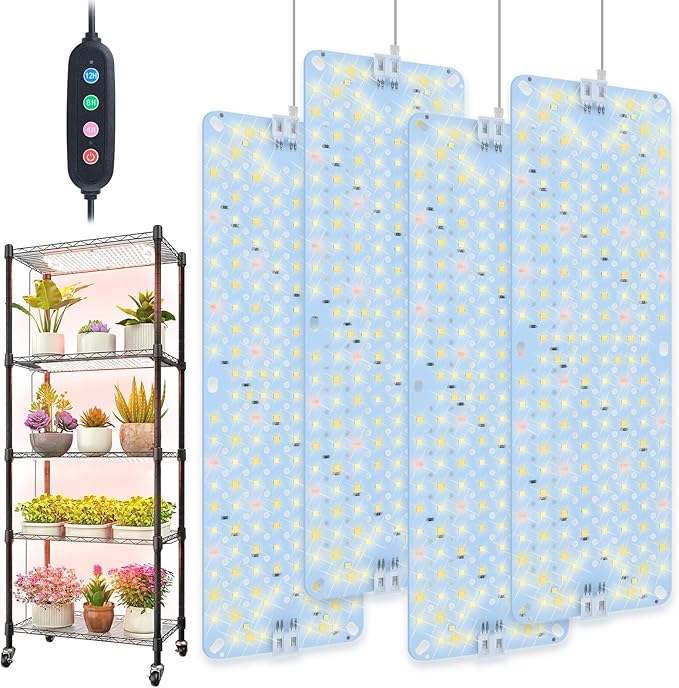 4Pack 2026 Ultra-Thin Panel Grow Lights for Seed Starting, Vegetables, Greenhouse & Under Cabinet & Shelf Plants with Timer 4/8/12/16/20H, Free Connect Full Spectrum Indoor LED Plant Growing Lamps