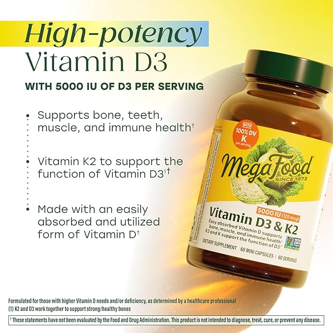 MegaFood Vitamin D3 5000 IU (125 mcg) - Vegetarian Supplements with Vitamin D3 K2 - Supports Bones, Teeth, Muscles & Immune Health - Certified Non-GMO - 120 Mini Capsules, 120 Servings