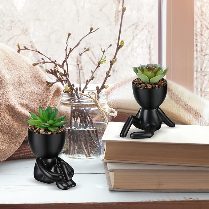 Fake Succulent, Mini Succulents Plants Artificial in Black Modern Human Shaped Ceramic Pots Desk Decor Desk Plant for Office Decor for Women, Cute Fake Plants Bathroom Decor 2PCS