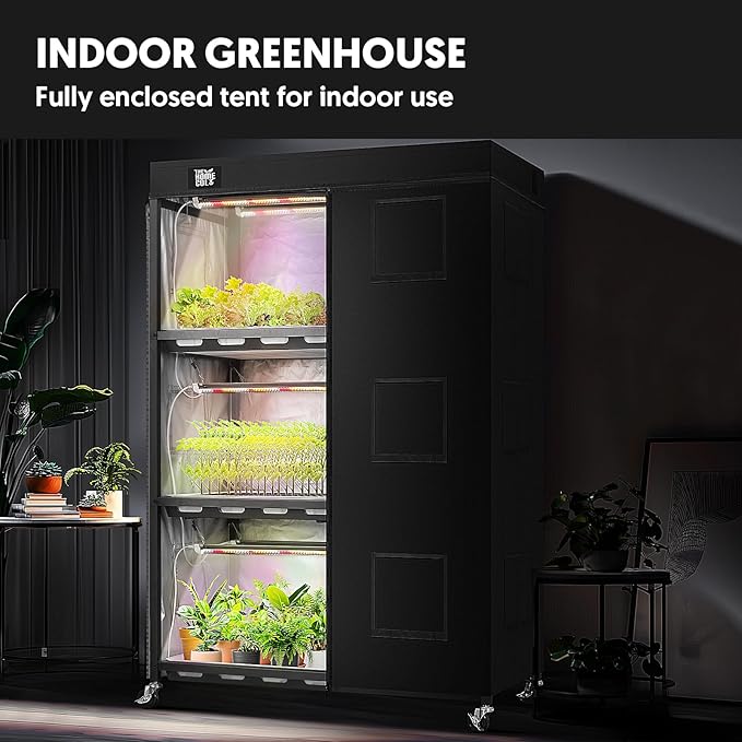 Indoor Greenhouse with Full Spectrum LED Grow Light and Tent, Indoor Gardening System with Watertight Plant Shelf Trays, 3-Tier Metal Plant Stand with Wheels, Microgreens Growing Kit