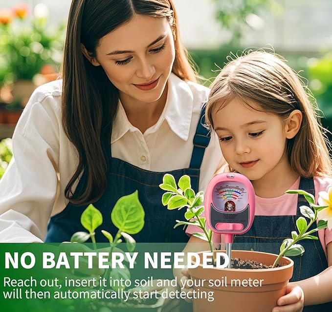 HSLGOVE 4-in-1 Soil Test Kit – Soil Moisture Meter, pH, Fertility & Sun-Light, No Battery Required, Large Dial Soil Tester for Indoor & Outdoor Gardening, Lawn, Farm –Baby Pink