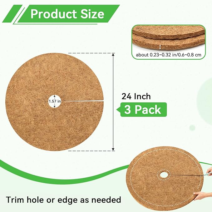 ZeeDix 3 Pack Coconut Fiber Mulch Ring, 24 Inch Coco Coir Tree Ring Mulch Mat, 100% Natural Tree Protector Mat Plant Cover Ring Coconut Coir Discs Tree Mats Mulch Rings for Indoor Outdoor Trees Plants