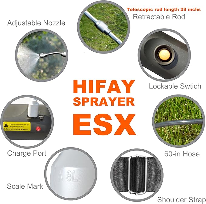 HIFAY ESX-8 Electric Sprayer, Garden Sprayer 2 Gallon,Weed Sprayer in Lawn & Garden,Rechargeable Battery Powered Sprayer with Telescopic Wand,Plant Mister,Indoor Watering Can for Plants (Translucent)