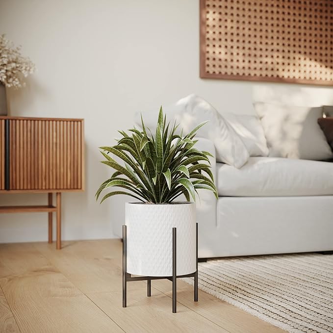 EverNest Claire Mid-Century Modern White Planter and Stand, Indoor Plant Pot, SelectBase, Minimalist Aesthetic, Home Decor for Plants - (Black Base, Large)