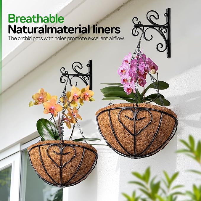 QCQHDU 3 Pack 8 inch Metal Hanging Orchid Baskets for Plants Outdoor, Hanging Orchid Planter Basket with Coco Liners, Orchid Pots with Holes for Garden, Patio, Deck, Porch Plants(Love)