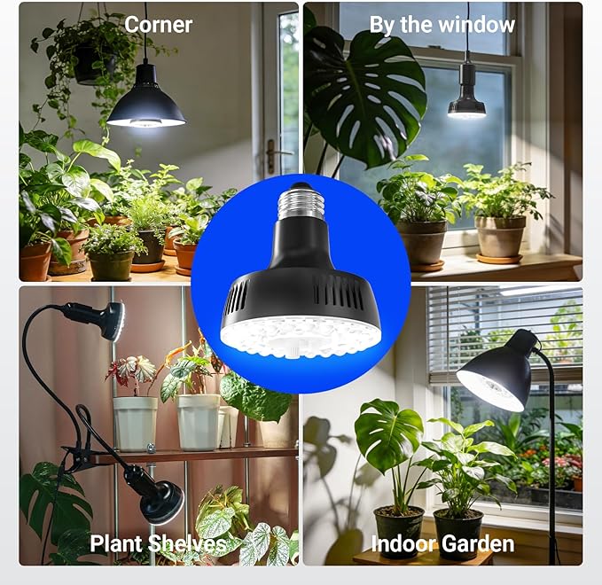Barrina Orbgrow OG11A Grow Light Bulbs for Indoor Plants, Integrated Dimming & Timing, 5000K 44W(4 x 11W, 400 Watt Equiv), E26 Plant Light Bulb, Full Spectrum for Seeds and Greens, 4 Packs, Black