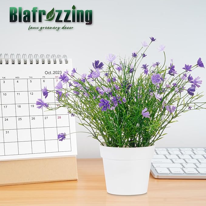 Babys Breath Potted Fake Plants with Flowers Faux Plants Indoor for Home Office Bookshelf Table Farmhouse Room Decor, Purple (Pack of 2)