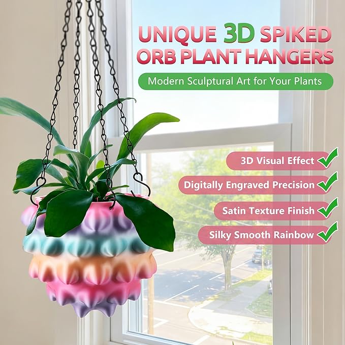 Enhon 6 Inch Hanging Planters for Indoor Plants, Unique Hanging Pots for Plants with Drainage and Hanger Baskets Hangers, Spiked Orb Plant Hanger, Silky Rainbow Finish