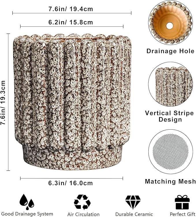 Ceramicfor Ceramic Plant Pots - 7.6 Inch Ceramic Planters with Drainage Hole, Fluted Round Planter for Indoor Plants, Decorative Flower Pots Outdoor, Desk Decor, Garden Gifts, Leopard Print White