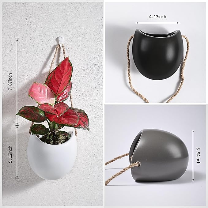 Set of 3 Small Ceramic Hanging Planters for Indoor Plants, Wall Decor for Bathroom Living Room Bedroom Home Kitchen Office Corridors