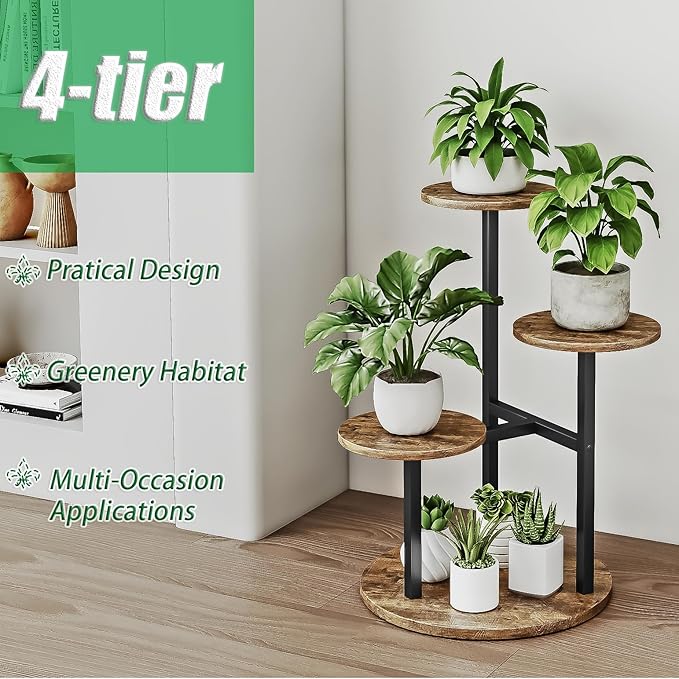 INGIORDAR Plant Stand Indoor Outdoor Corner Flower Stands Multiple Flower Pot Holder for Patio Garden Balcony Living Room 4 Tier Black+Rustic Brown