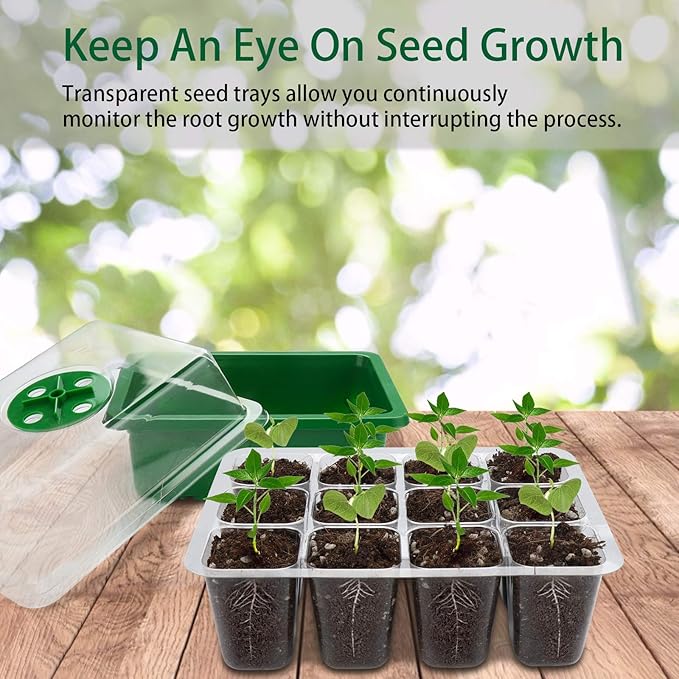 UWIOFF Seed Starter Tray, 12-Pack 144 Cells Seedling Starter Trays, Humidity Adjustable Seed Tray Kit with Dome and Base Greenhouse Grow Trays Mini Propagator for Seeds Growing Starting