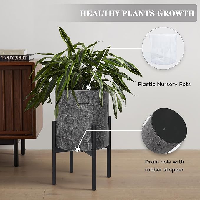 Oakrain Planters for Indoor Plants, Set of 2 Mid-Century Modern Planter with Stand, Decorative Metal Planter Pots for Living Room, Office, Garden, Balcony, 10"&12", Rustic Gray