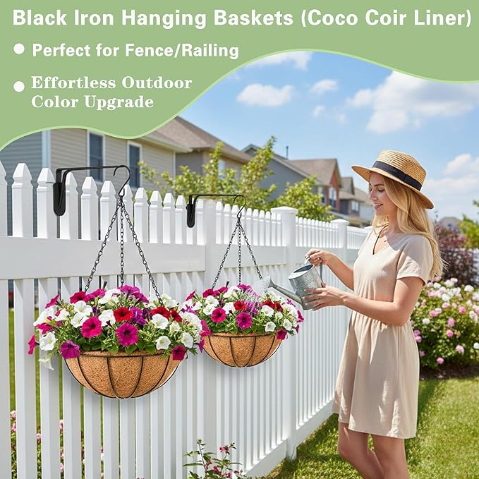 EIMQUVW Outdoor Metal Hanging Planters Basket (4pack, 14 inch) Hanging Baskets for Plants Chain Round Wire Plant Holder with Coco Fiber Liners for Garden, Patio, Deck, Porch