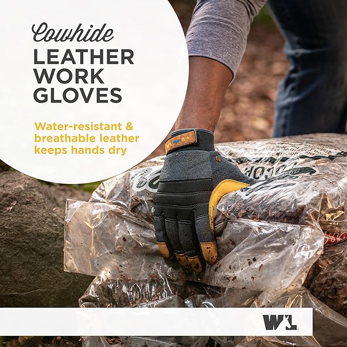 Wells Lamont Men's HydraHyde Work Gloves – Cowhide Leather, Reinforced Fingertips for Durability – Adjustable Velcro Wrist – Ideal for Gardening, Landscaping, Lawn Care – Navy - XXL