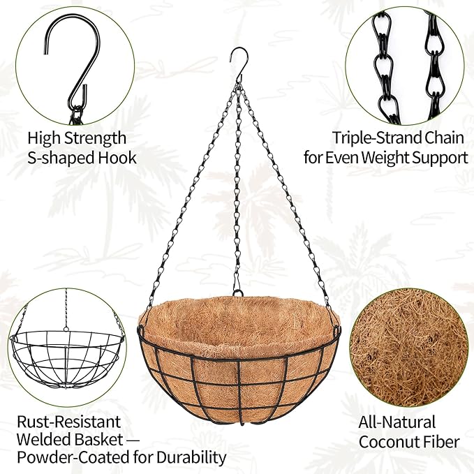 18 Inch Hanging Baskets for Plants Outdoor, 4 Pack Large Hanging Planters for Indoor Outdoor Plants, 4 Pack Round Wire Hanging Flower Pots with Coconut Coir Liners for Garden, Deck, Porch, Balcony