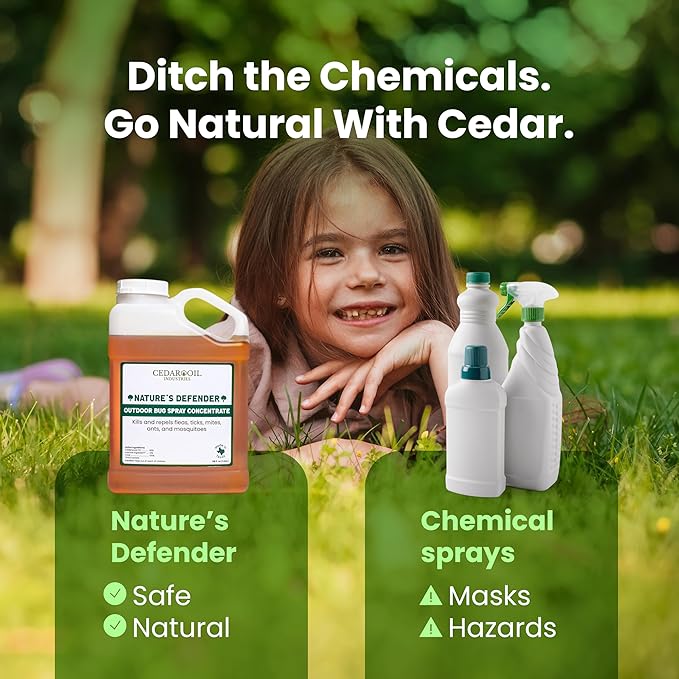Nature's Defender Outdoor Pest Control Spray – All-Natural Cedarwood Oil Formula for Mosquitoes, Ticks, Fleas, and Ants – Safe for Pets, Kids, & Plants – 128 oz (1Gal) Concentrate Treats 160,000 sq.ft