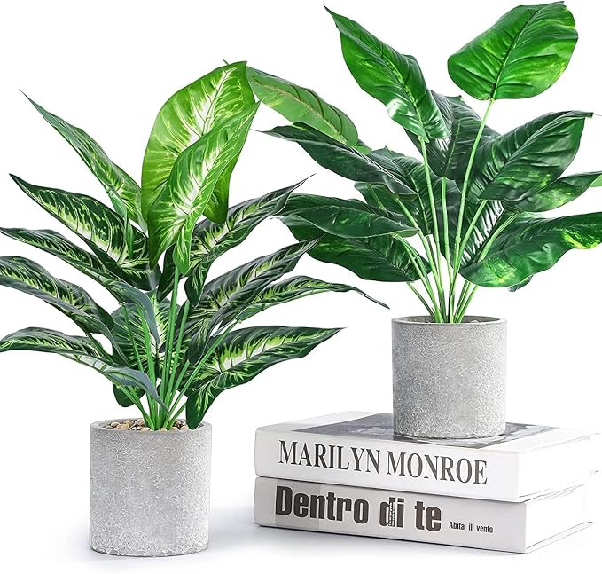 JC nateva 2pcs 16" Fake Plants Artificial Plants Tropical Faux Plants Indoor for Bathroom Kitchen Office Home Sage Green Decor