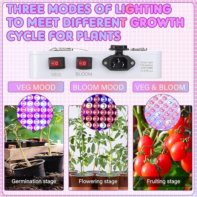 2 Pack 1000W LED Grow Light Full Spectrum Grow Lamps Dual Switch Greenhouse 96 LEDs Light with Veg and Bloom Buttons for Indoor Hydroponic Plant Flower Vegetable Seeding Growing and Flowering
