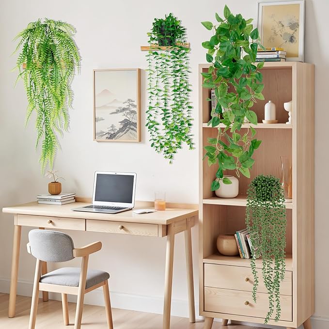 LumBelle 4 Pack Artificial Plants Wall Hanging Fake Plants Indoor for Shelf Boho Faux Eucalyptus Ivy Vine House Plants for Living Room Wall Backdrop Outdoor Decor