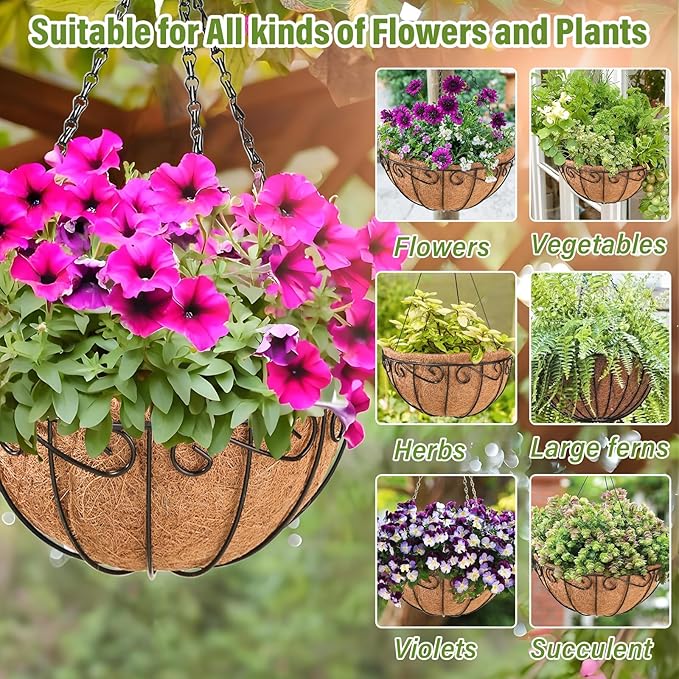 Legigo 3 Pack 12 Inch Metal Hanging Baskets for Plants Outdoor- Round Wire Hanging Planters Basket with Coconut Coir Liner, Hanging Flower Pot for Outdoor Plants Flowers Garden Decorations