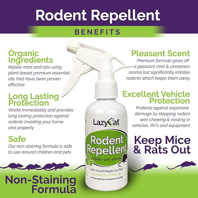 Peppermint Oil Spray for Rodents Plus Cinnamon Oil - MAX Power Mouse Repellent for Home RV Campers Boats Car Engines – Repel Mice and Rats from House Non-Staining 2X Strength (2 Pack) by Lazy Cat