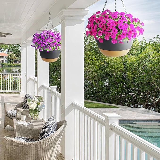 Koalaime 2 Pack Hanging Planters Set,10 Inch Indoor Outdoor Hanging Plant Pot Basket,Hanging Flower Pot with Drainage Hole with 3 Hooks for Garden Home… (Black Hanger Black Planters)