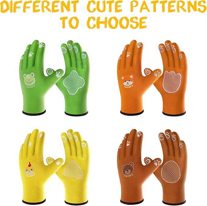COOLJOB Breathable Toddler Work Gloves for Gardening Boy Girl Ages 6-9 Large, Nylon Kids Garden Gloves with Grip, Children Yard Gloves for Digging Weeding Landscaping, Yellow & Brown, 2 Pairs