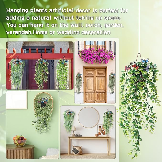 Giegxin 10 Set Fake Hanging Plant with Macrame Basket Summer Mini Artificial Macrame Plant Hanger with Woven Basket and Butterfly Ivy Faux Vines Eucalyptus Leaf for Indoor Home Wall Shelf Decor