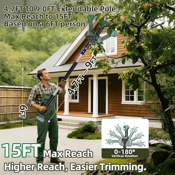 2.5" Cutting Diameter, 15FT Reach, 2-in-1 Pole Electric Pruning Shears - Brushless Motor, 21V Dual 4.0Ah Batteries, Extra SK7 Blade, Stainless Steel Pole, 2 Modes Adjustable for Tree & Flower