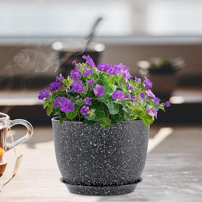 Meowell 12 inch Big Plant Pots, Plastic Planters with Drainage Holes and Trays, Large Flower Pots for Indoor Outdoor Plants, Modern Decorative Pots for Garden House Plants, Speckled Black