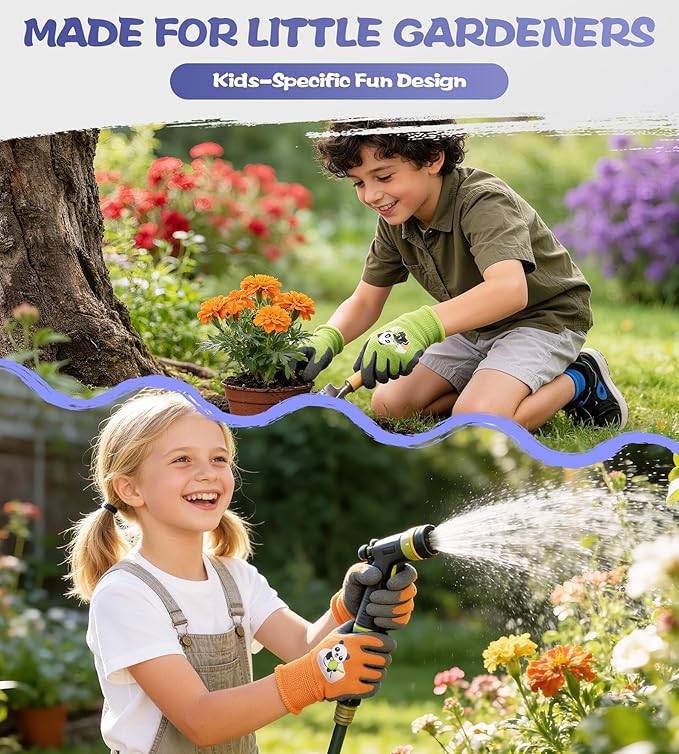 Mr. Panda 3 Pairs Skin-Friendly kids gardening gloves for Age 5-7, Rubber Coated childrens garden gloves, toddler work gloves, XXS