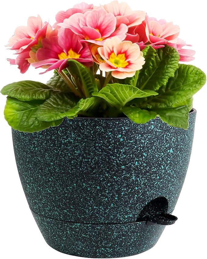 Meowell 12 inch Large Self Watering Pots for Indoor Outdoor Plants, Flower Plant Pots with Mesh Drainage Holes for Garden House Plants, Plastic Planters for Home, Black with Green Speckles