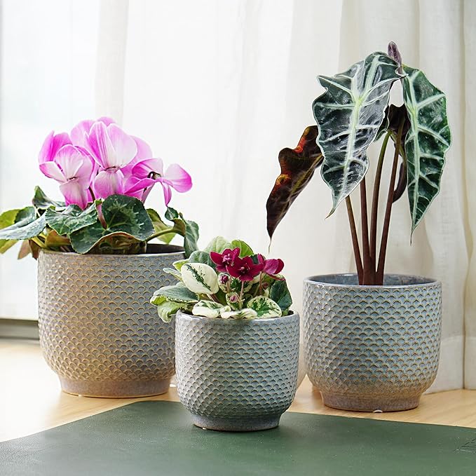 4 + 5 + 6 Inch Ceramic Pots for Indoor Plants, Succulents Plant Pots, Orchid Flower Pot with Drainage Hole, Modern Clay Stoneware Planters, Set of 3 (Reactive Glaze Grey Blue, 4 + 5 + 6 Inch）