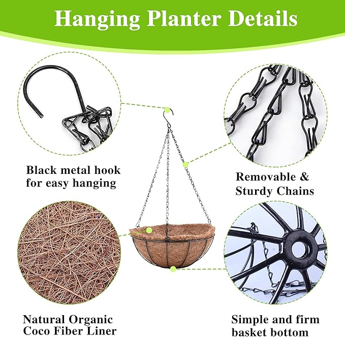 EIMQUVW Hanging Planters Basket Set of 3 Hanging Flower Pots 10 Inch Chain Round Wire Plant Holder with Coco Coir Liner Garden Watering Hanging Baskets for Patio Garden Outdoor1