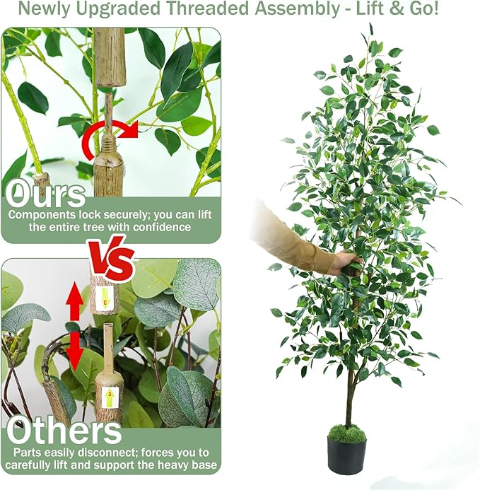 Caxchiling Fake Ficus Tree 6FT, Artificial Tree with Pot for Indoor Outdoor, Lifelike Faux Floor Plants with Moss Topper and Cotton Basket, Home Office Living Room Bedroom Doorway Hallway Decor