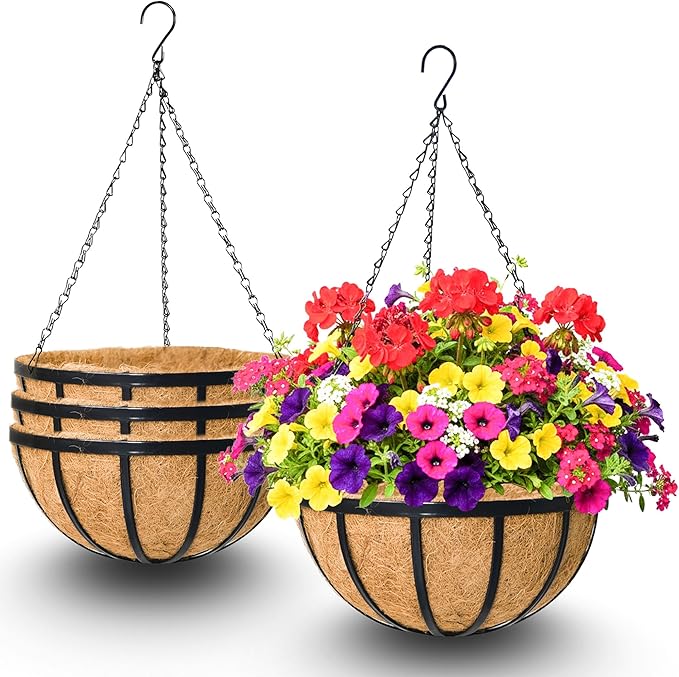 4 Pack 12 Inch Hanging Baskets for Plants Outdoor Metal Hanging Planters Round Hanging Flower Pots with Coco Coir Liner Plant Holder for Outdoor Patio Garden Balcony Decor - Flat Iron