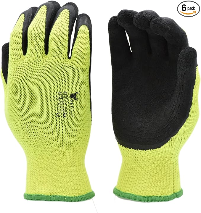 G & F 1516 6 Pairs Pack Premium High Visibility Low emissions Green Work and gardening Gloves for Men and Women.MicroFoam Textured Coated Palm and Fingers Gloves for Gardening Work,Size Medium,Green