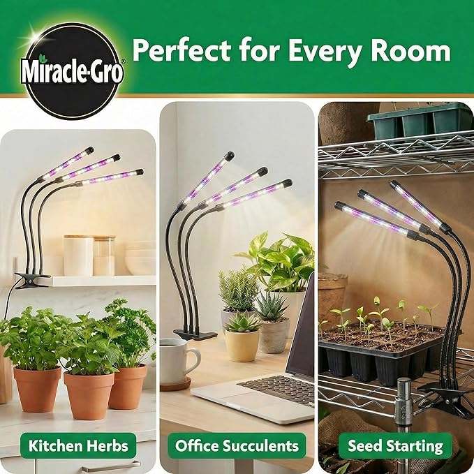 Miracle-Gro LED Grow Light for Indoor Plants 4-Head | Selectable Spectrum Clip On Plant Light with Timer & Dimmable Modes | Flexible Gooseneck Lamp for Seed Starting, Succulents, Herbs & House Plants