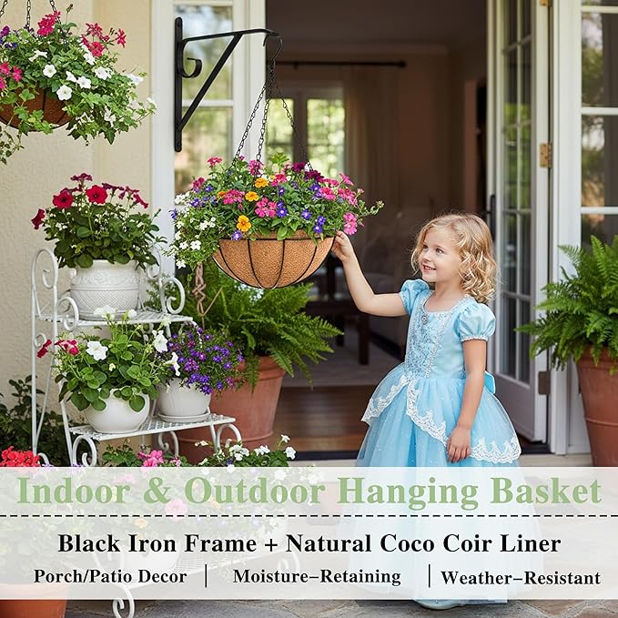 EIMQUVW Outdoor Metal Hanging Planters Basket (4pack, 10 inch) Hanging Baskets for Plants Chain Round Wire Plant Holder with Coco Fiber Liners for Garden, Patio, Deck, Porch